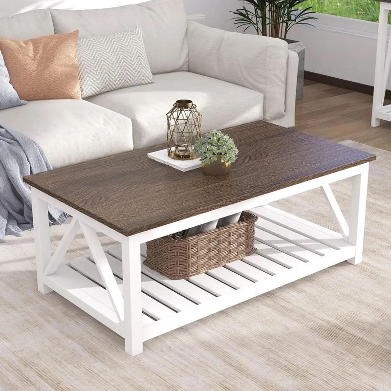 HOMIMAD - MESA DE CENTRO RECTANGULAR MADERA Y BLANCO CON REPISA