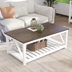 HOMIMAD - MESA DE CENTRO RECTANGULAR MADERA Y BLANCO CON REPISA