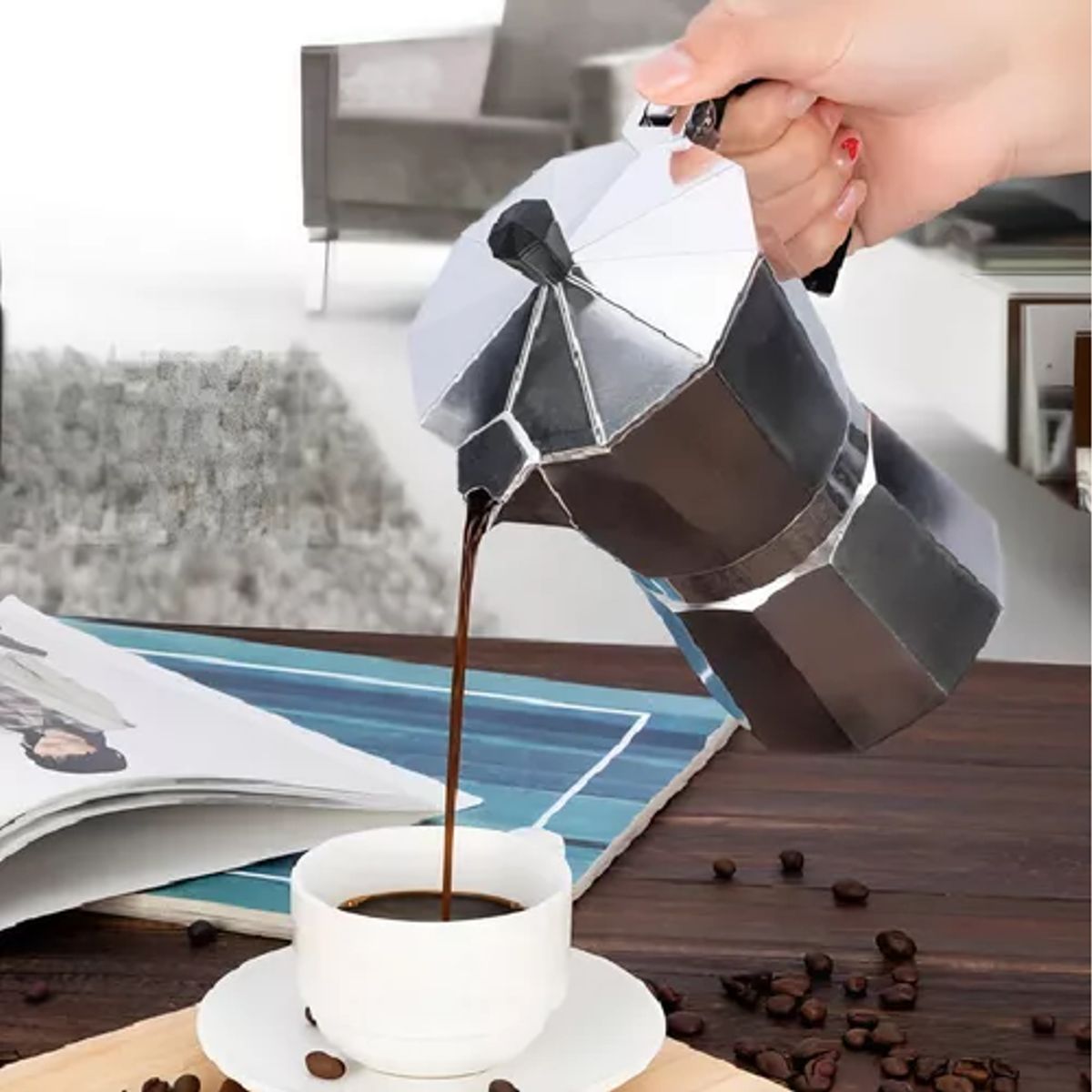 GENERICO - Cafetera italiana de aluminio 6 tazas cocina tetera color gris