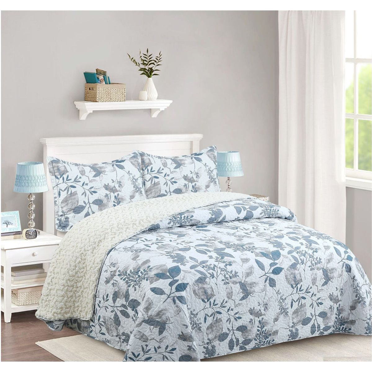 COMPRAPO - Cubrecama Quilt Juvenil Sherpa 2 Plazas Modelo Hojas de Seda Azul