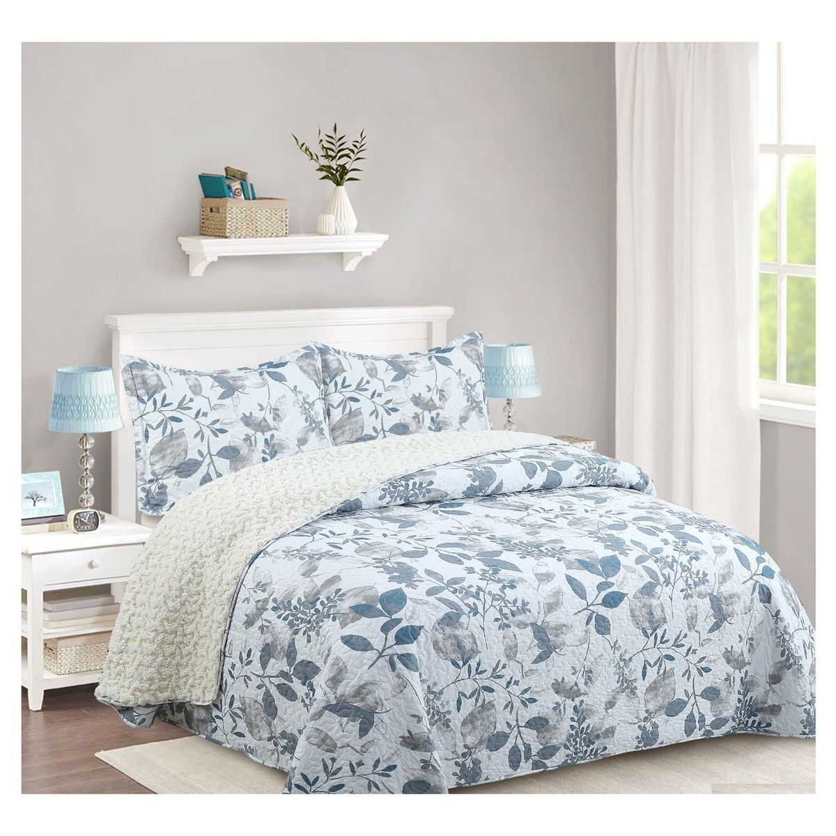 COMPRAPO - Cubrecama Quilt Juvenil Sherpa 2 Plazas Modelo Hojas de Seda Azul