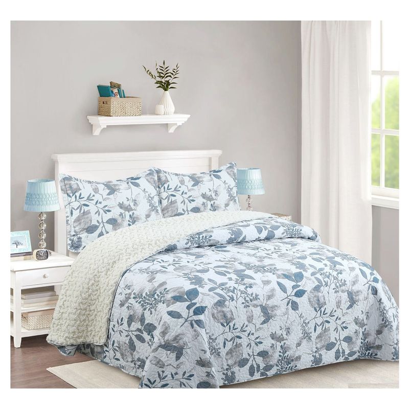 COMPRAPO - Cubrecama Quilt Juvenil Sherpa 2 Plazas Modelo Hojas de Seda Azul