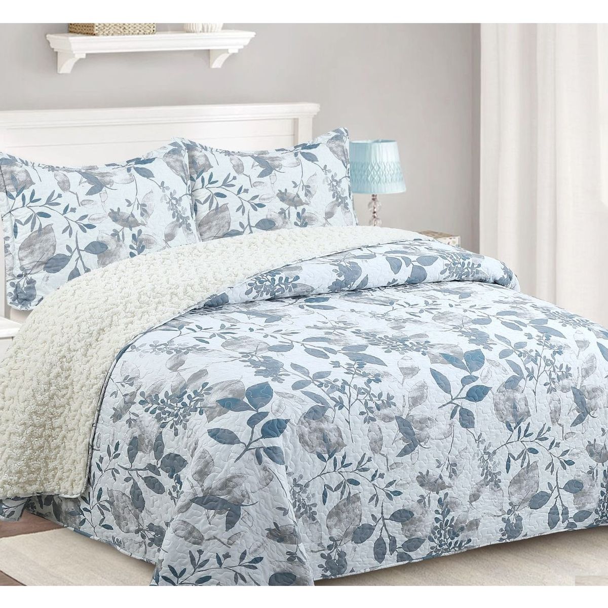 COMPRAPO - Cubrecama Quilt Juvenil Sherpa 2 Plazas Modelo Hojas de Seda Azul