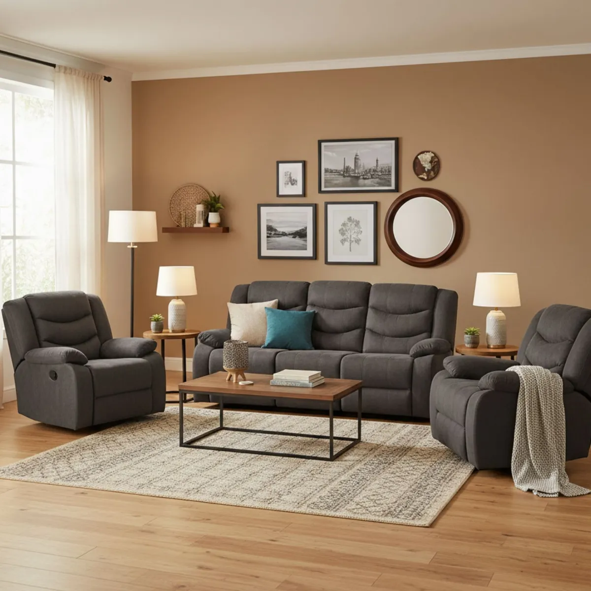 DANIELS - Living Reclinable Sofá 3 Cuerpos + 2 Bergers Reclinable Gris SET2011GR