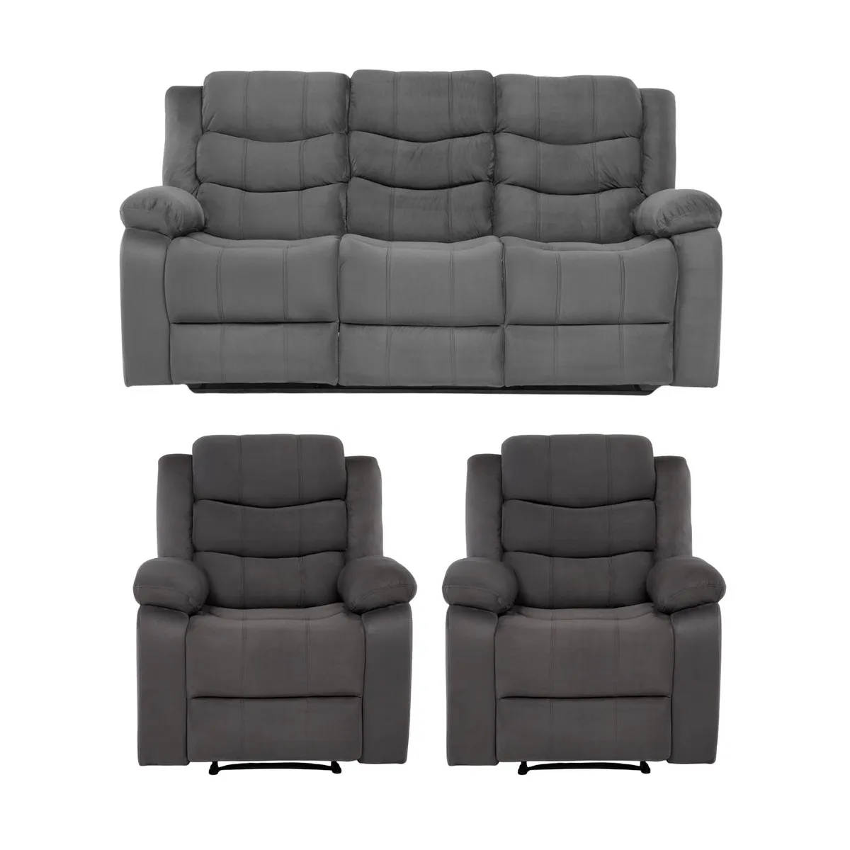 DANIELS - Living Reclinable Sofá 3 Cuerpos + 2 Bergers Reclinable Gris SET2011GR