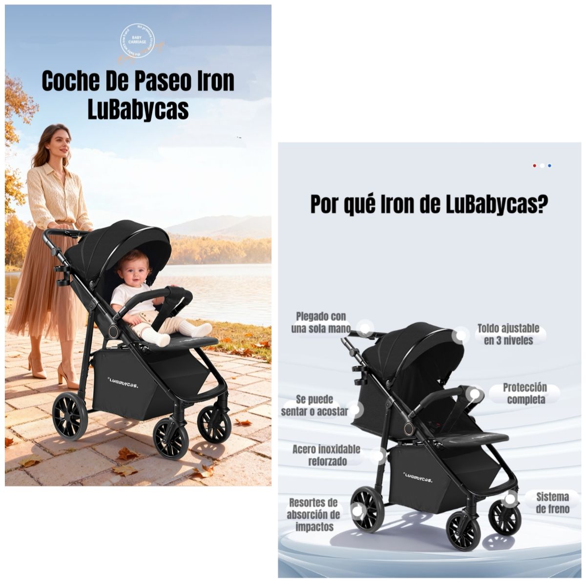 LUBABYCAS - Coche De Paseo Con Posa Vaso 4 Años Iron Negro LuBabycas