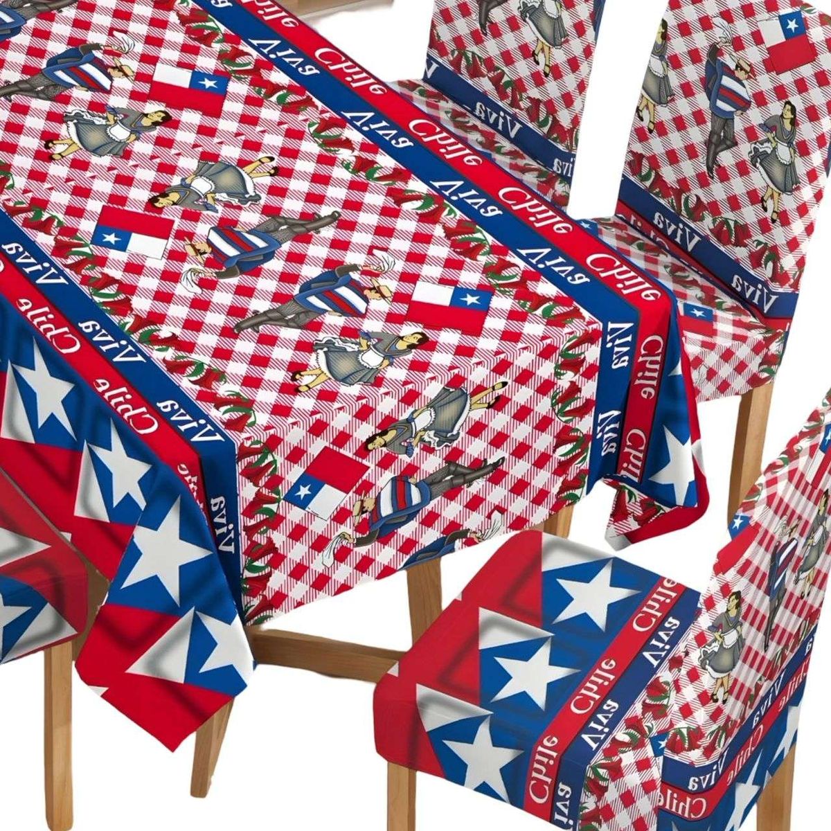 GENERICO - SET MANTEL FIESTAS PATRIAS DE TELA MAS FUNDAS DE SILLAS ELASTICADAS