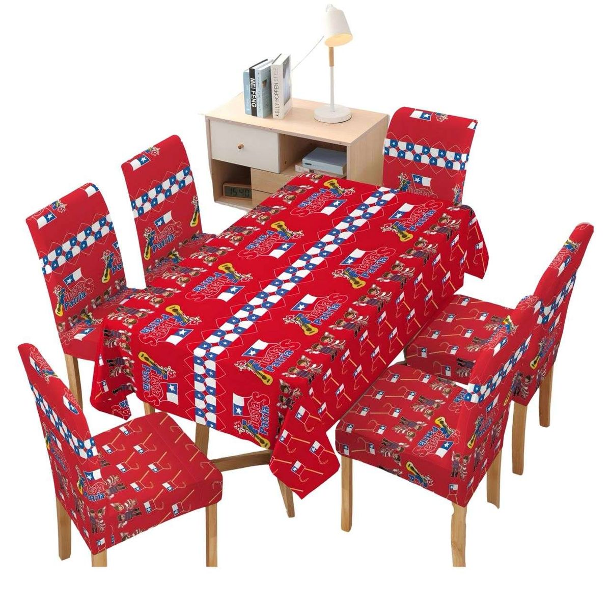 GENERICO - SET MANTEL FIESTAS PATRIAS DE TELA MAS FUNDAS DE SILLAS ELASTICADAS