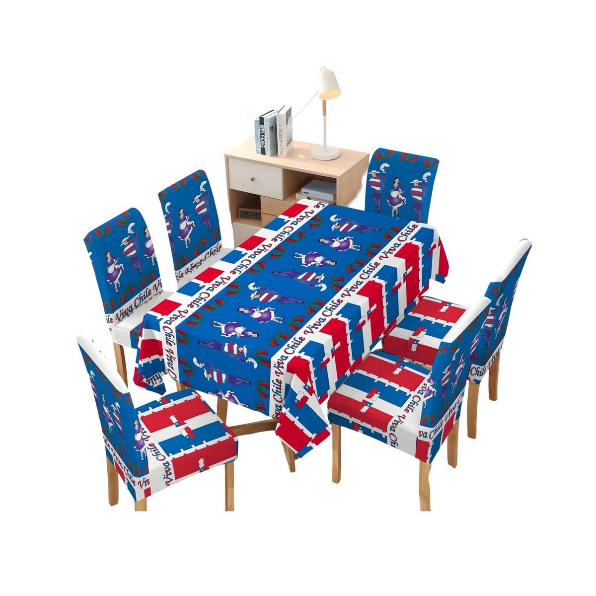 GENERICO - SET MANTEL FIESTAS PATRIAS DE TELA MAS FUNDAS DE SILLAS ELASTICADAS