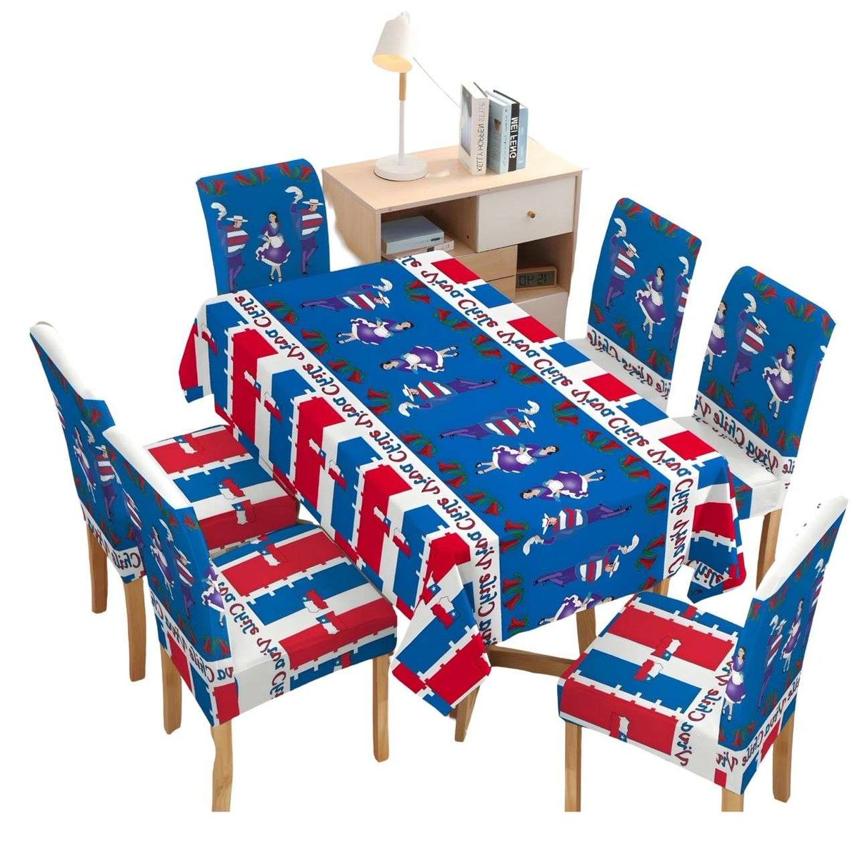 GENERICO - SET MANTEL FIESTAS PATRIAS DE TELA MAS FUNDAS DE SILLAS ELASTICADAS