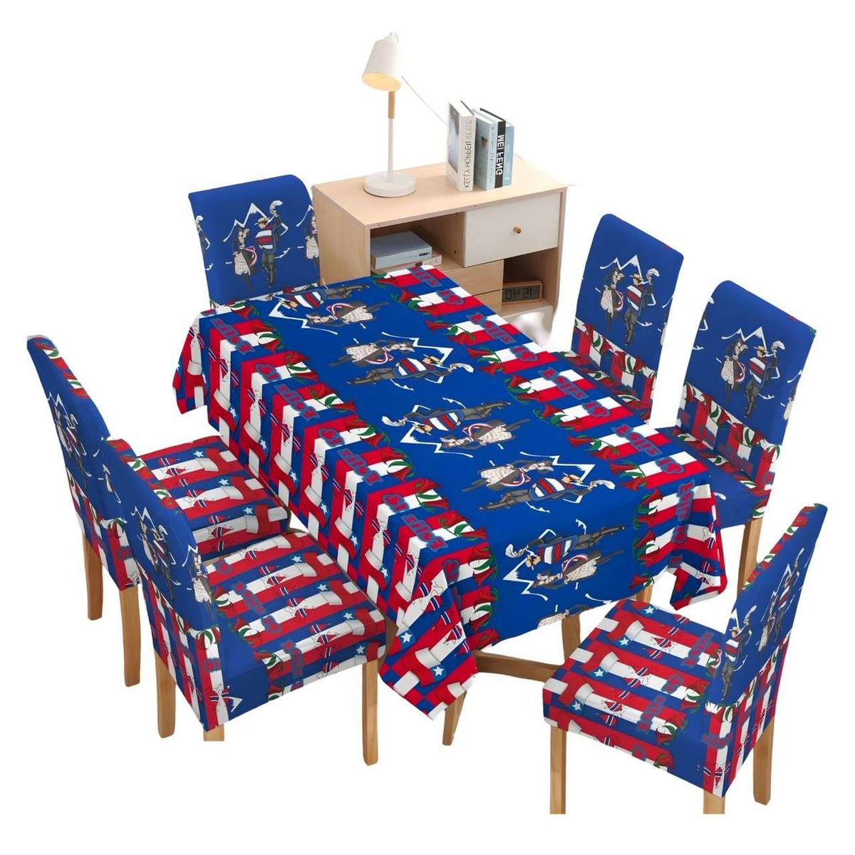 GENERICO - SET MANTEL FIESTAS PATRIAS DE TELA MAS FUNDAS DE SILLAS ELASTICADAS