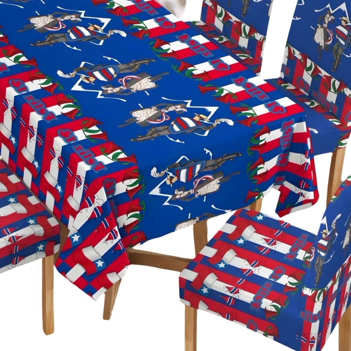 GENERICO - SET MANTEL FIESTAS PATRIAS DE TELA MAS FUNDAS DE SILLAS ELASTICADAS