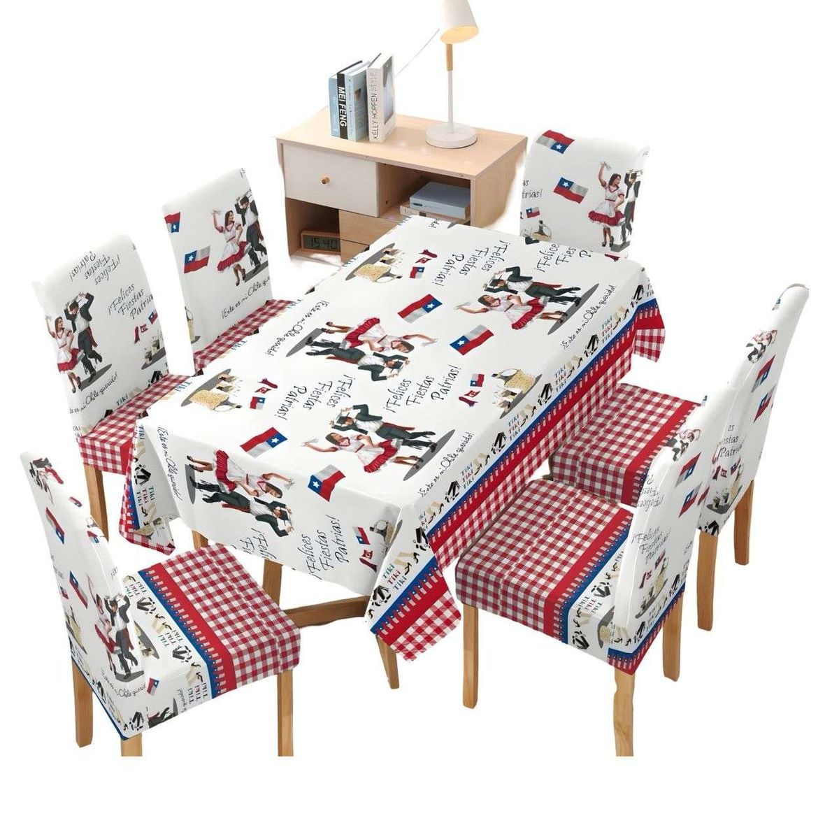 GENERICO - MANTEL FIESTAS PATRIAS DE TELA MAS FUNDAS DE SILLAS ELASTICADAS