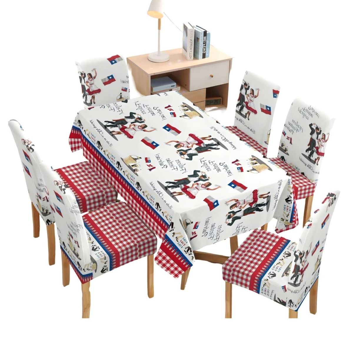 GENERICO - MANTEL FIESTAS PATRIAS DE TELA MAS FUNDAS DE SILLAS ELASTICADAS