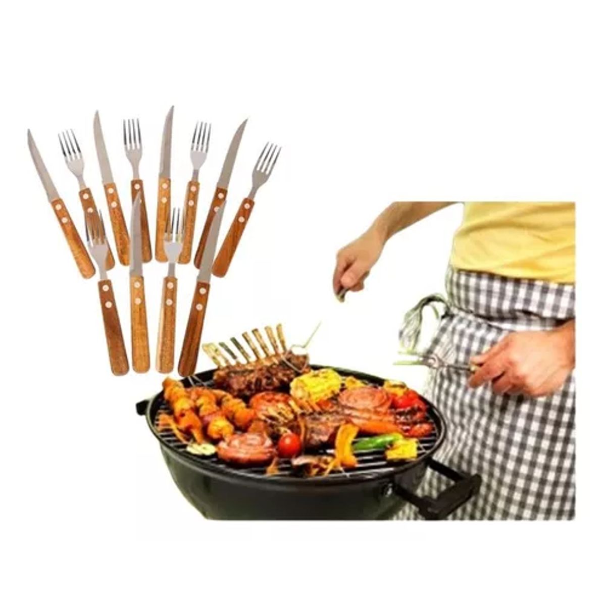 GENERICO - Set de 6 tenedores y 6 cuchillos sierra para asado madera parrilla