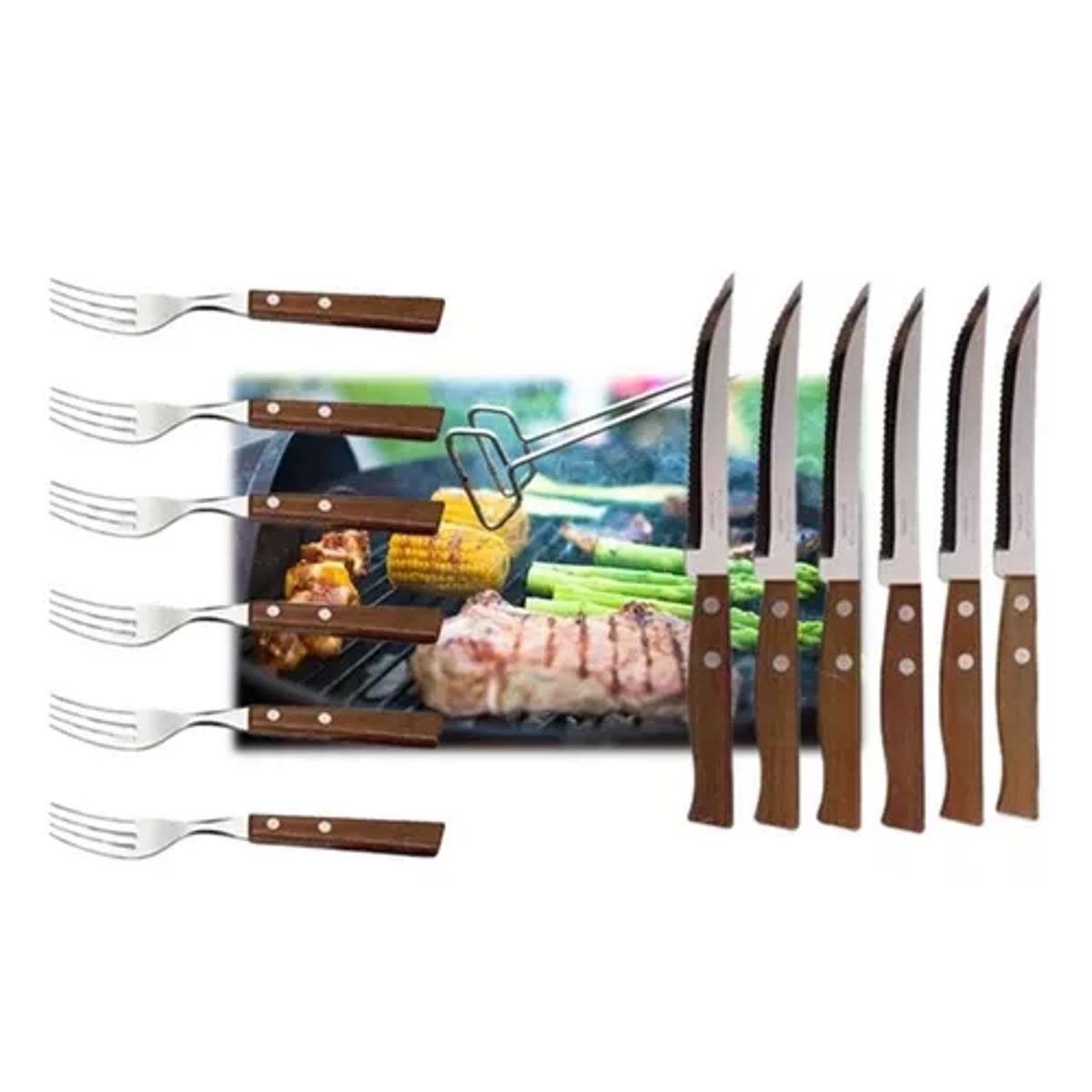 GENERICO - Set de 6 tenedores y 6 cuchillos sierra para asado madera parrilla