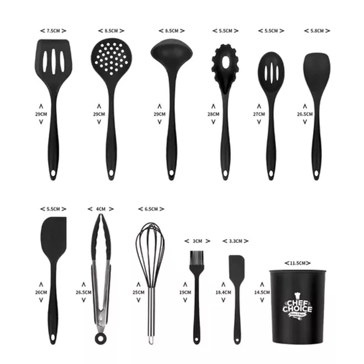 GENERICO - Set de 12 utensilios de cocina de silicona antiadherentes color negro