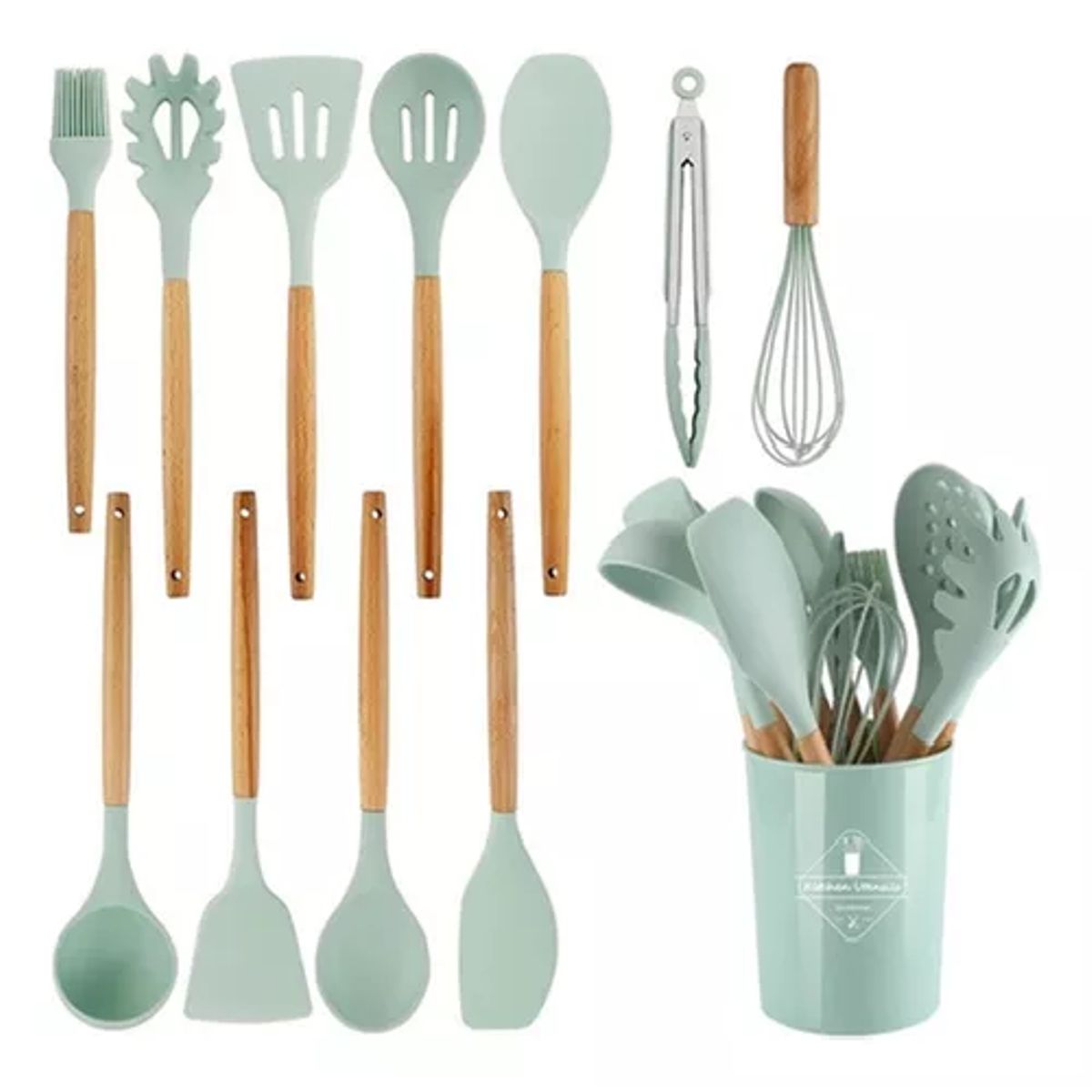 GENERICO - Set de 12 utensilios de cocina con mango de silicona y madera ideal para repostería