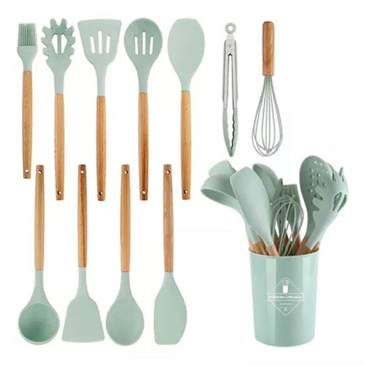 GENERICO - Set de 12 utensilios de cocina con mango de silicona y madera ideal para repostería