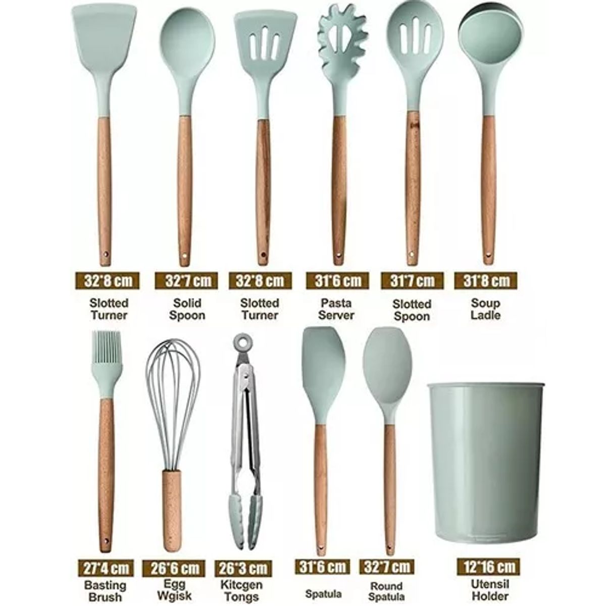 GENERICO - Set de 12 utensilios de cocina con mango de silicona y madera ideal para repostería