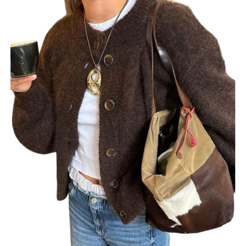 MOSS ROSE - Cardigan suéter de punto marrón para mujer