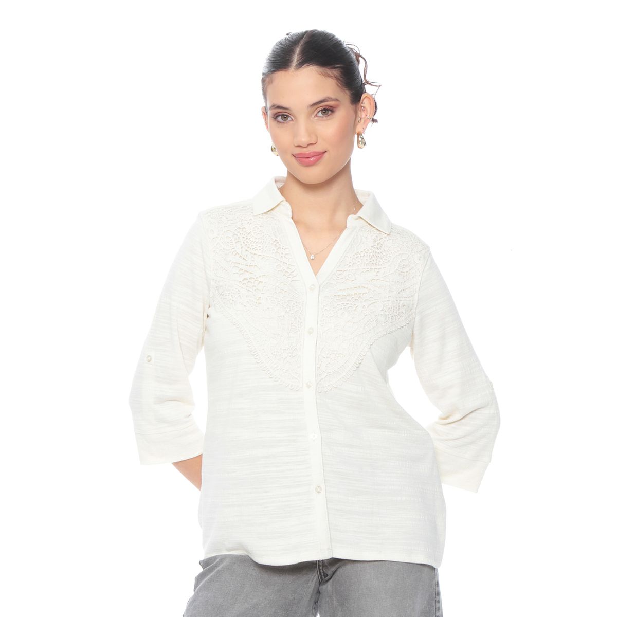 WADOS - BLUSA MANGA 34 SOLIDA CON ENCAJE EN DELANTERO ESCOTE V