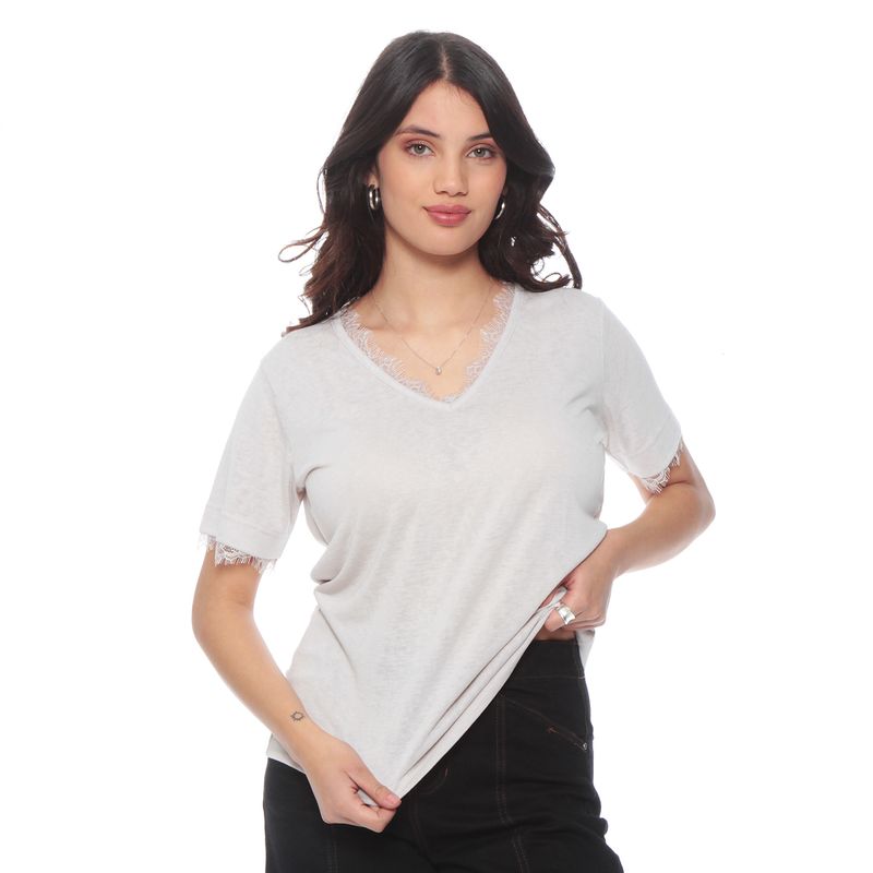 WADOS POLERA MANGA CORTA ESCOTE V CON APLICACION DE ENCAJE EN