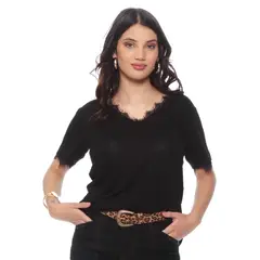 WADOS - POLERA MANGA CORTA ESCOTE V CON APLICACION DE ENCAJE EN ESCOTE Y MANGA