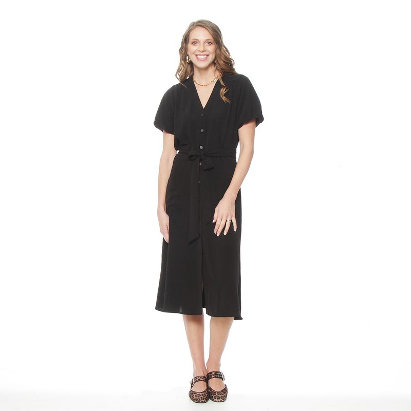 WADOS - VESTIDO MANGA CORTA SOLIDO ESCOTE V CON LAZO EN CINTURA Y BOLSILLOS