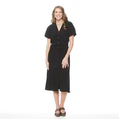 WADOS - VESTIDO MANGA CORTA SOLIDO ESCOTE V CON LAZO EN CINTURA Y BOLSILLOS