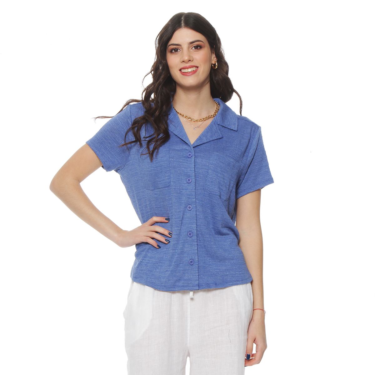 WADOS - BLUSA MANGA CORTA ESCOTE V CON CUELLO Y BOLSILLOS