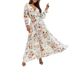 GIOIO - Vestido Estampado Escote V Manga Larga Abertura Figura Esbelta Blanco