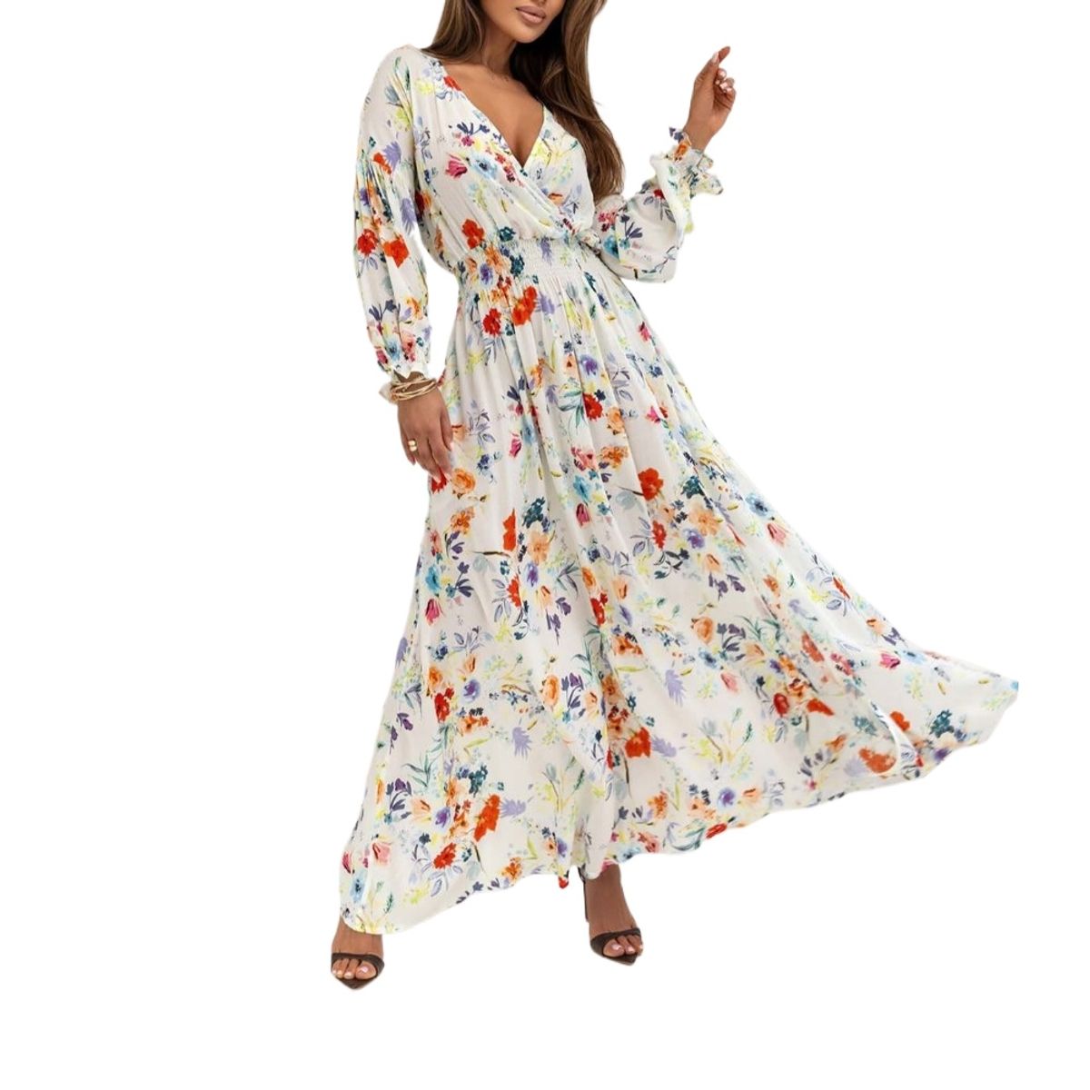 GIOIO - Vestido Estampado Escote V Manga Larga Abertura Figura Esbelta Blanco