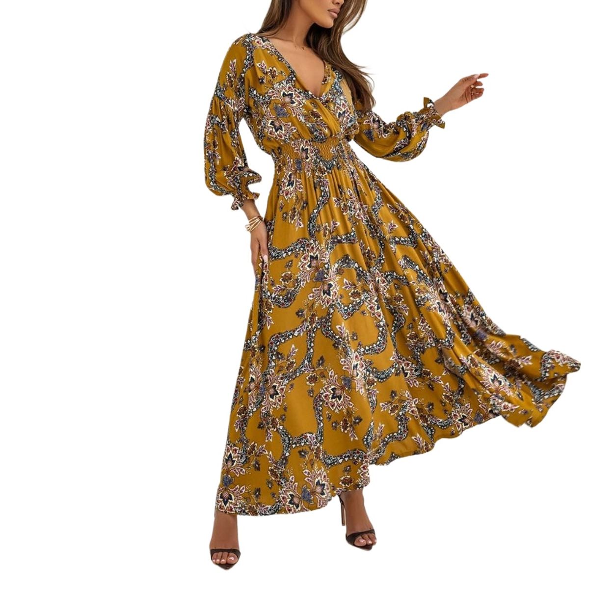 GIOIO - Vestido Estampado Escote V Manga Larga Abertura Figura Esbelta