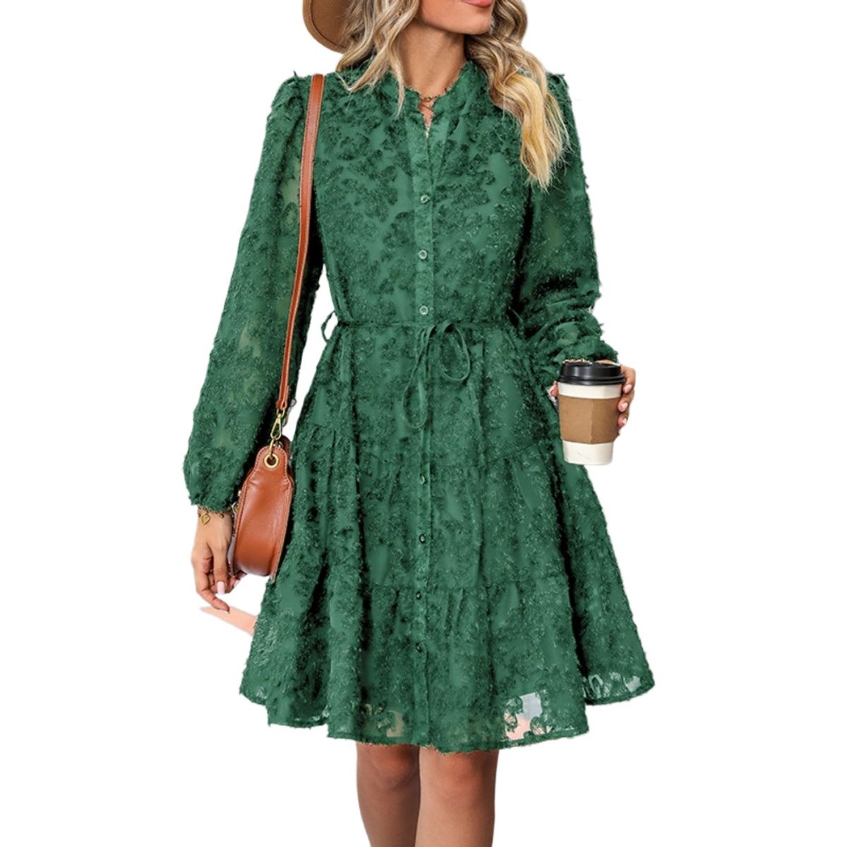 GIOIO - Vestido Encaje Elegante Retro Manga Larga Figura Esbelta ​Verde