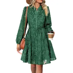 GIOIO - Vestido Encaje Elegante Retro Manga Larga Figura Esbelta ​Verde
