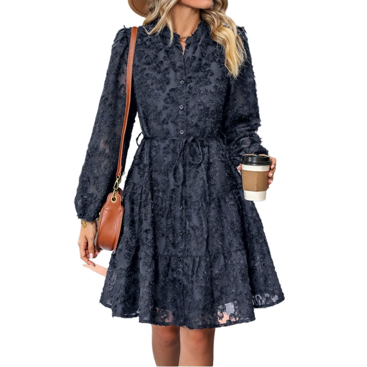 GIOIO - Vestido Encaje Elegante Retro Manga Larga Figura Esbelta ​Azul