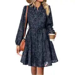 GIOIO - Vestido Encaje Elegante Retro Manga Larga Figura Esbelta ​Azul