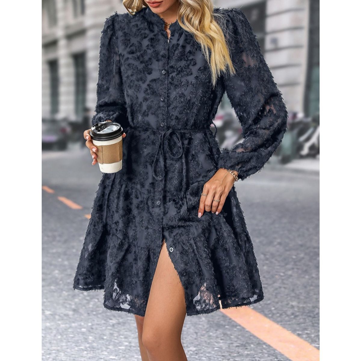 GIOIO - Vestido Encaje Elegante Retro Manga Larga Figura Esbelta ​Azul