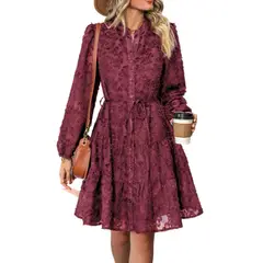 GIOIO - Vestido Encaje Elegante Retro Manga Larga Figura Esbelta ​Rojo