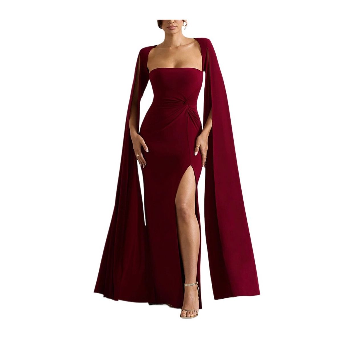 GIOIO - Vestido Liso Escote Cuadrado Maxi Manga Larga Abertura Alta Figura