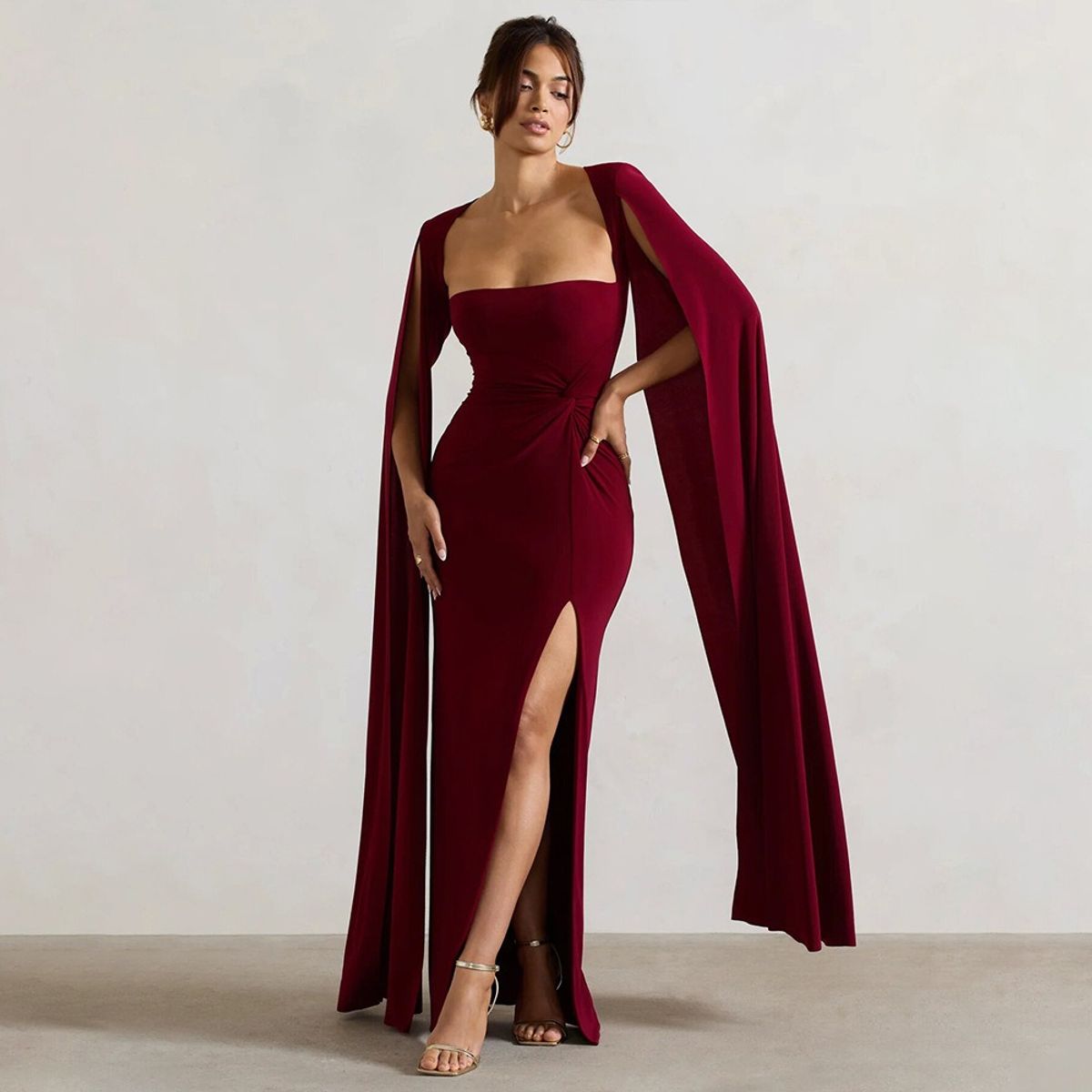 GIOIO - Vestido Liso Escote Cuadrado Maxi Manga Larga Abertura Alta Figura