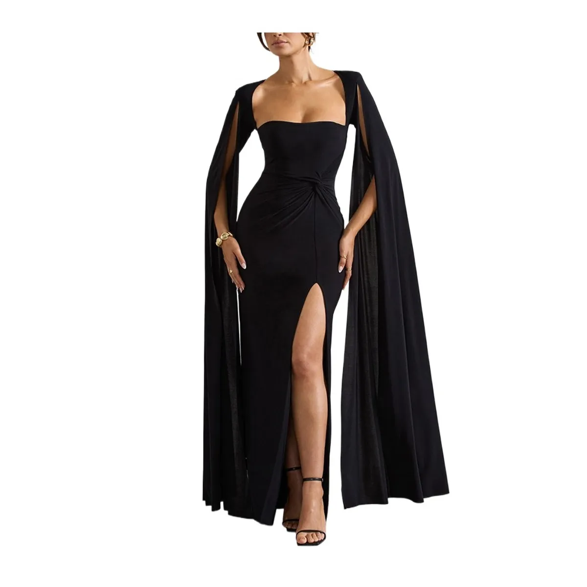 GIOIO - Vestido Liso Escote Cuadrado Maxi Manga Larga Abertura Alta Figura