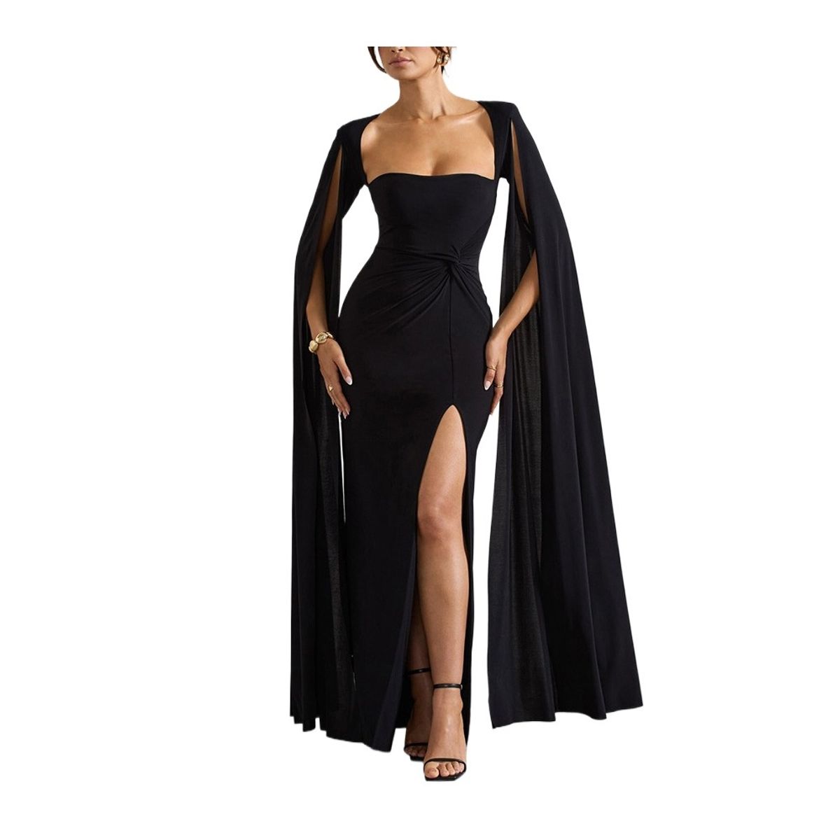 GIOIO - Vestido Liso Escote Cuadrado Maxi Manga Larga Abertura Alta Figura