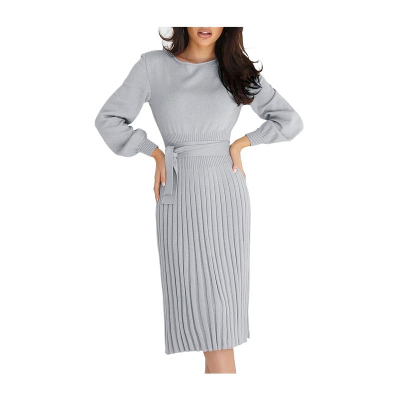 GIOIO - Vestido Punto Plisado Figura Esbelta Midilargo Básico​ Gris