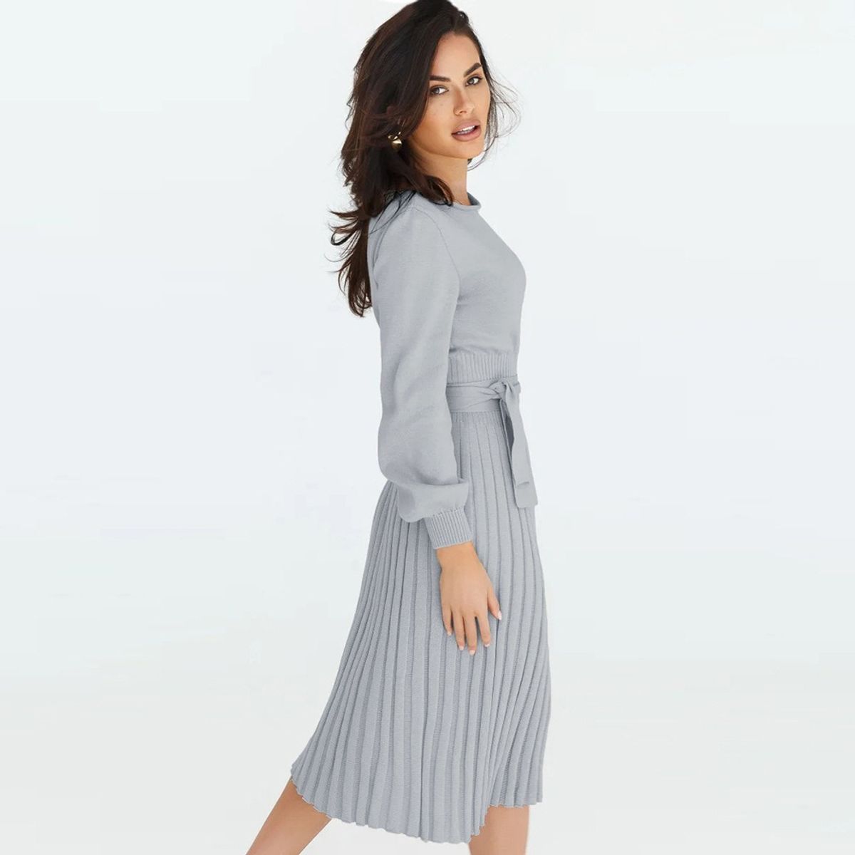 GIOIO - Vestido Punto Plisado Figura Esbelta Midilargo Básico​ Gris