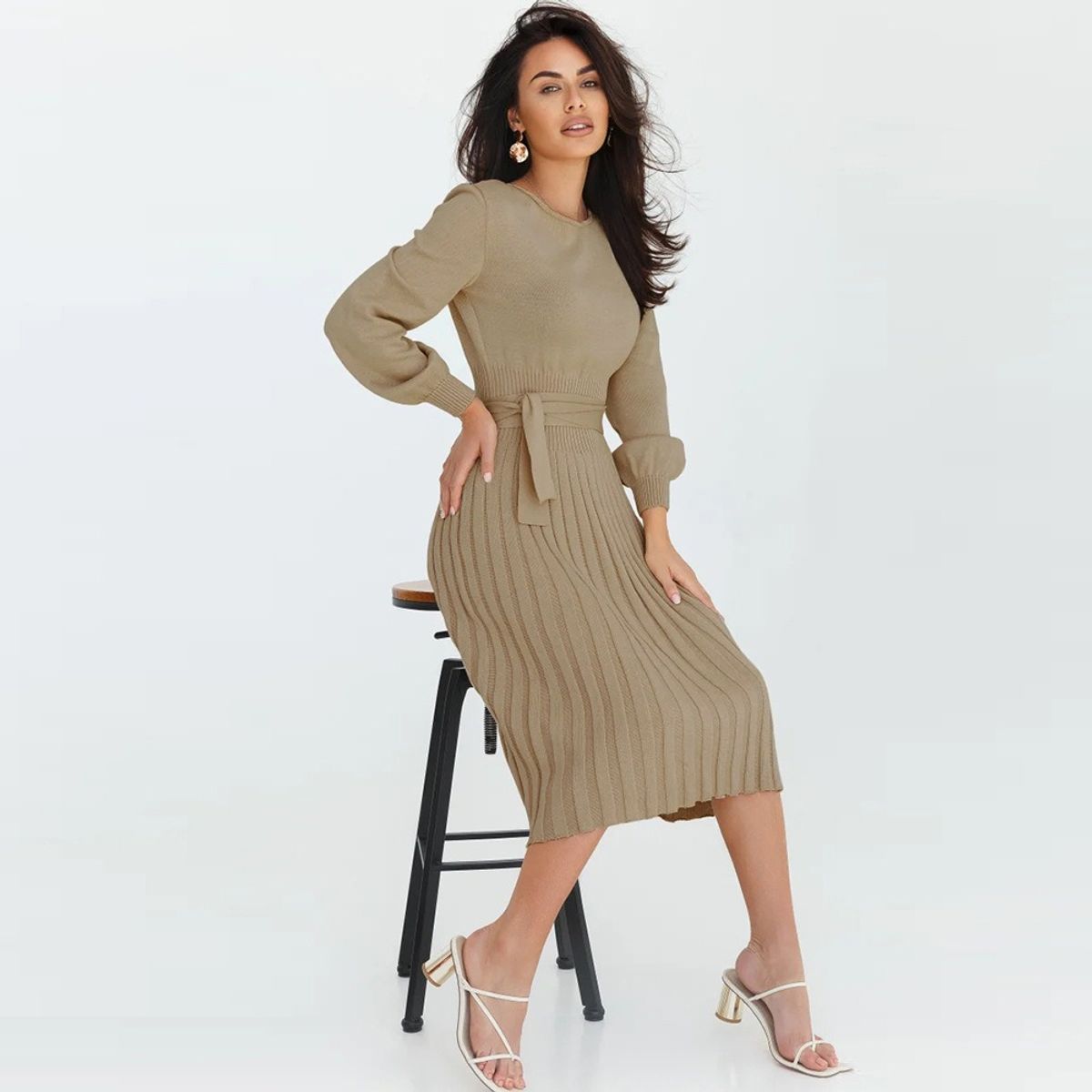 GIOIO - Vestido Punto Plisado Figura Esbelta Midilargo Básico​ Marrón