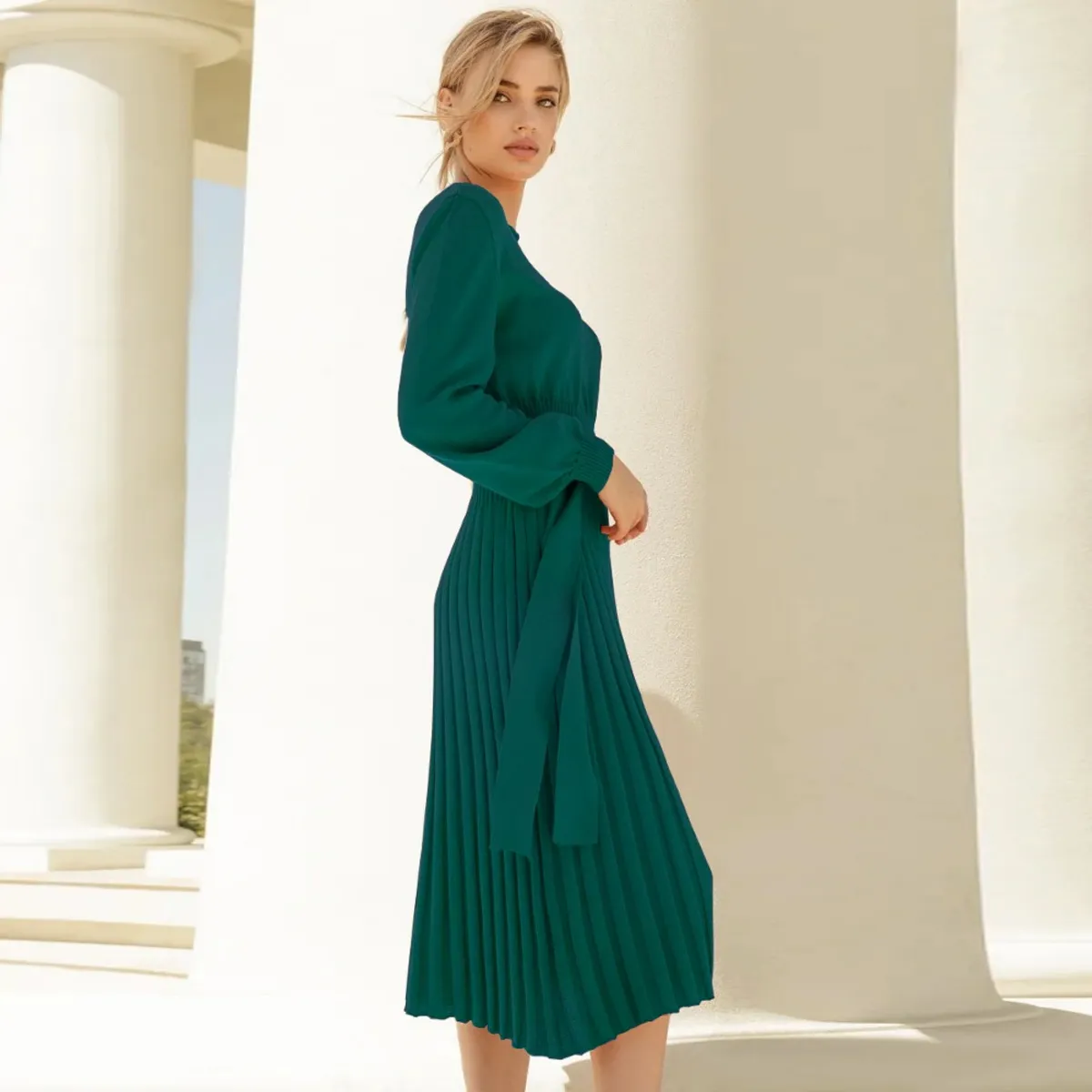 GIOIO - Vestido Punto Plisado Figura Esbelta Midilargo Básico​ Verde