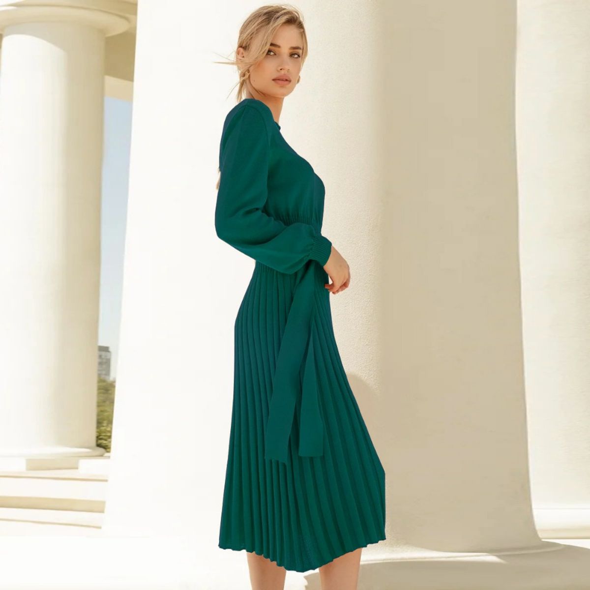GIOIO - Vestido Punto Plisado Figura Esbelta Midilargo Básico​ Verde