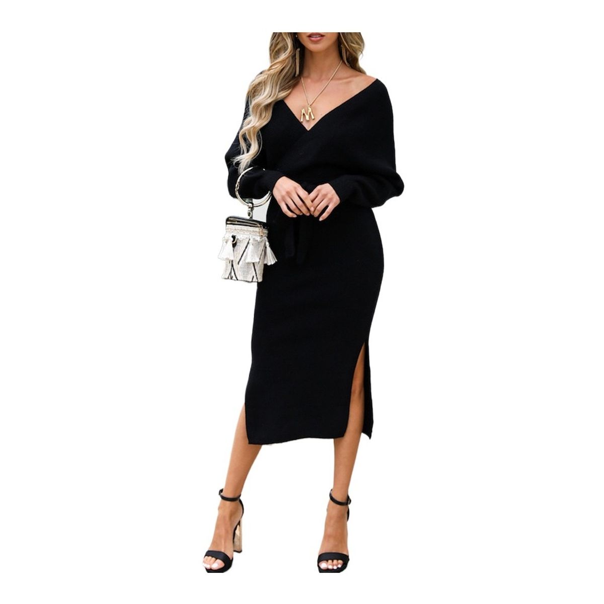 GIOIO - Vestido Punto Escote V Figura Esbelta Premium Urbano​ Negro